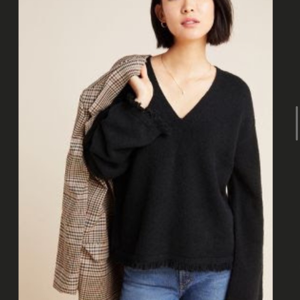 Anthropologie Fringed V-Neck Black Sweater
